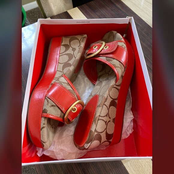 Y2K Coach Sandals Wedges Gretta Orange & Khaki Designer w/Box Vintage Fabric 8 - Picture 11 of 11